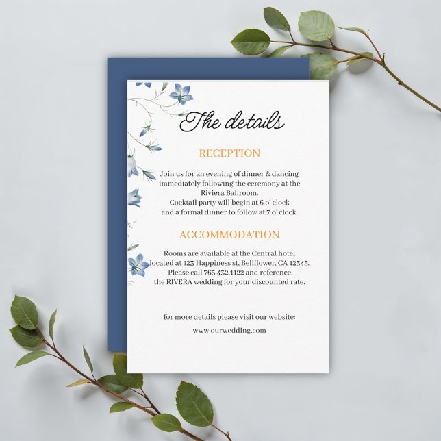 Information om elegant Blommigt Blue Bröllop Tilläggskort (Skapare uppladdad)