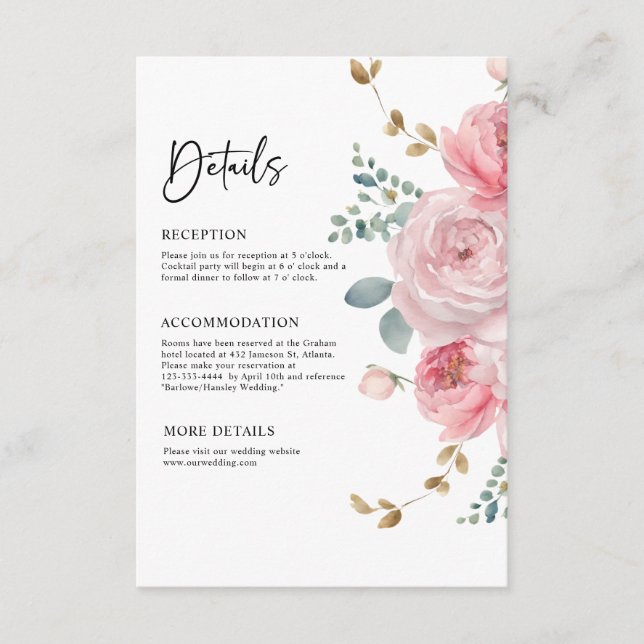 Information om elegant Blommigt  Rosa Garden Weddi Tilläggskort (Framsida)