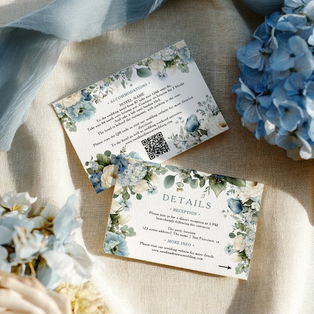 Information om elegant Blue Hydrangea Ivory Ro Brö Tilläggskort (Elegant Blue Hydrangea Ivory Rose Wedding Details Enclosure Card)