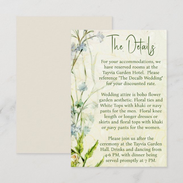 Information om elegant Boho WildblomGarden Wedding Tilläggskort (Fram/baksida)