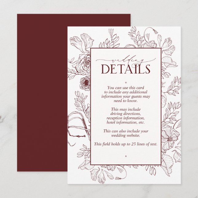 Information om elegant Burgundy Blommigt Line Art  Tilläggskort (Fram/baksida)