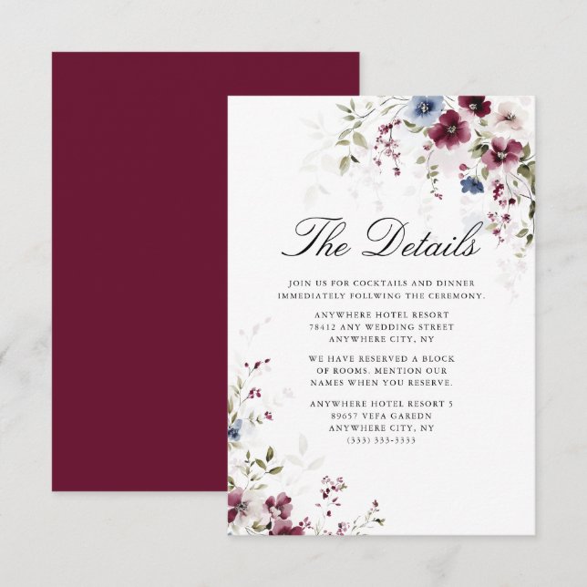 Information om elegant Burgundy Watercolor Blommig Tilläggskort (Fram/baksida)