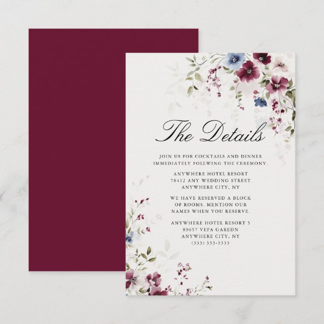 Information om elegant Burgundy Watercolor Blommig Tilläggskort (Fram/baksida)