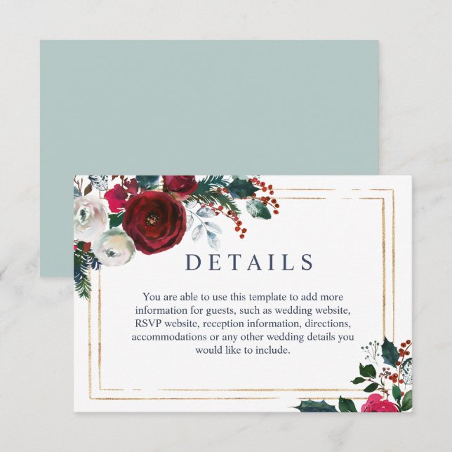 Information om elegant Burgundy Winter Ro Bröllop Tilläggskort (Fram/baksida)
