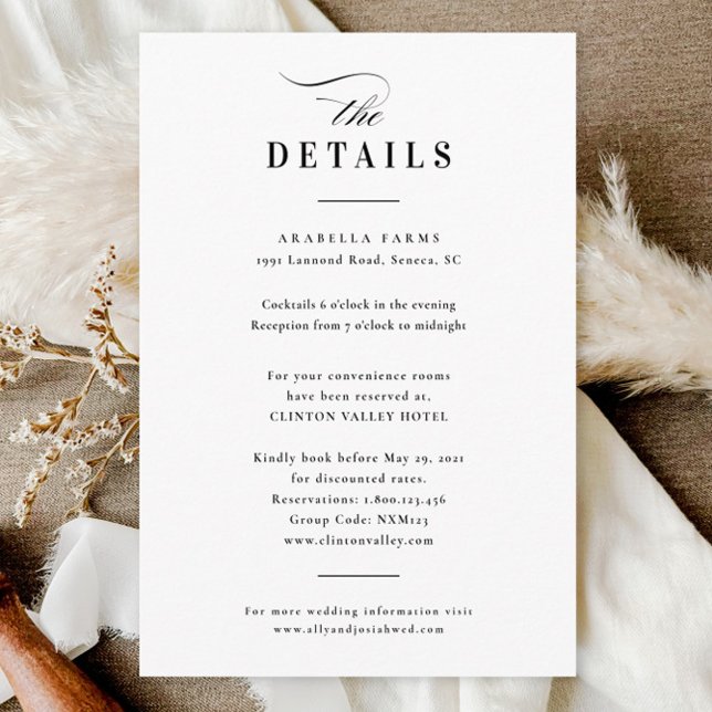 Information om elegant Calligraphy Black & White B Tilläggskort (Elegant simple black and white wedding details enclosure card.)