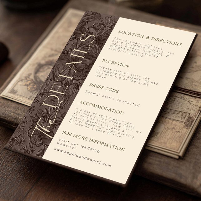 Information om elegant Chocolate Mocha Bröllop Tilläggskort (Share important wedding details with guests using this matching chocolate mocha embossed floral deta)