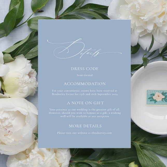 Information om elegant Dusty Blue CalligraphyWeddi Tilläggskort (elegant dusty blue wedding details card, dainty calligraphy dusty blue wedding enclosure card)