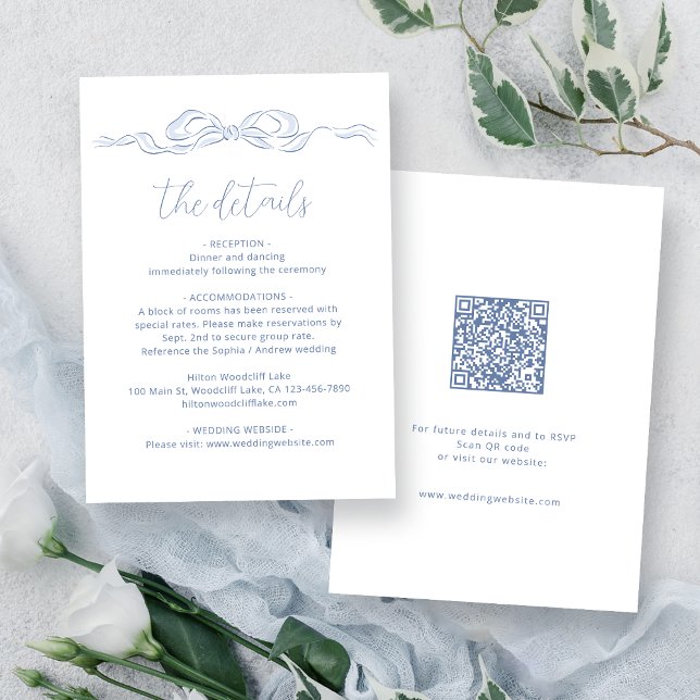 Information om elegant Dusty Blue Hand plockade Bo Tilläggskort (Elegant Dusty Blue Hand Drawn Bow Wedding Details Enclosure Card)