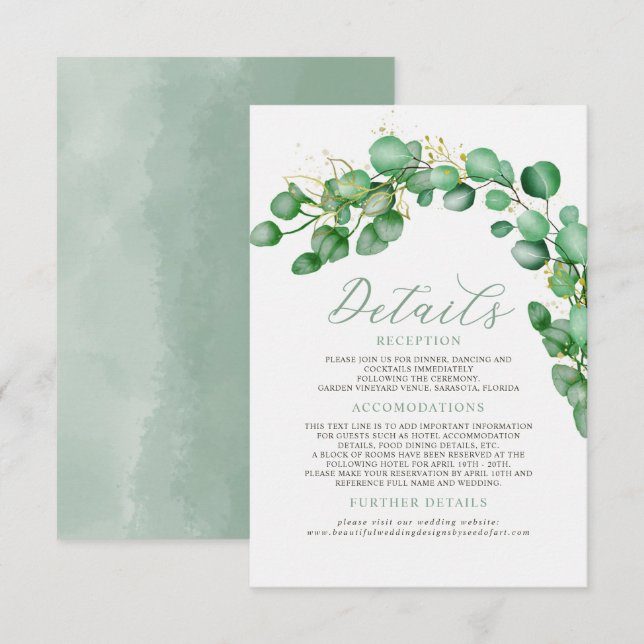 Information om elegant Eucalyptus Greenery Bröllop Tilläggskort (Fram/baksida)