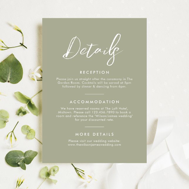 Information om Elegant för enkel Sage Grönt   Bröl Tilläggskort (Simple and minimal wedding details card with elegant script typography)