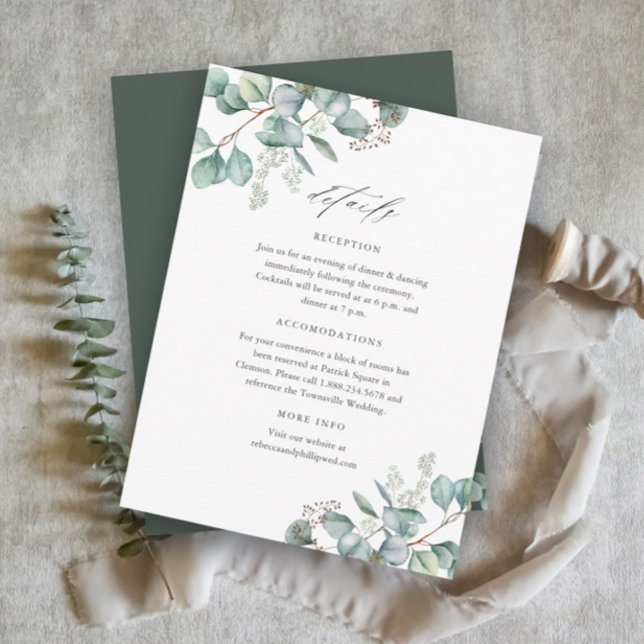 Information om elegant Greenery Eucalyptus Bröllop Tilläggskort (Elegant Eucalyptus Greenery Wedding Details Enclosure Cards.)