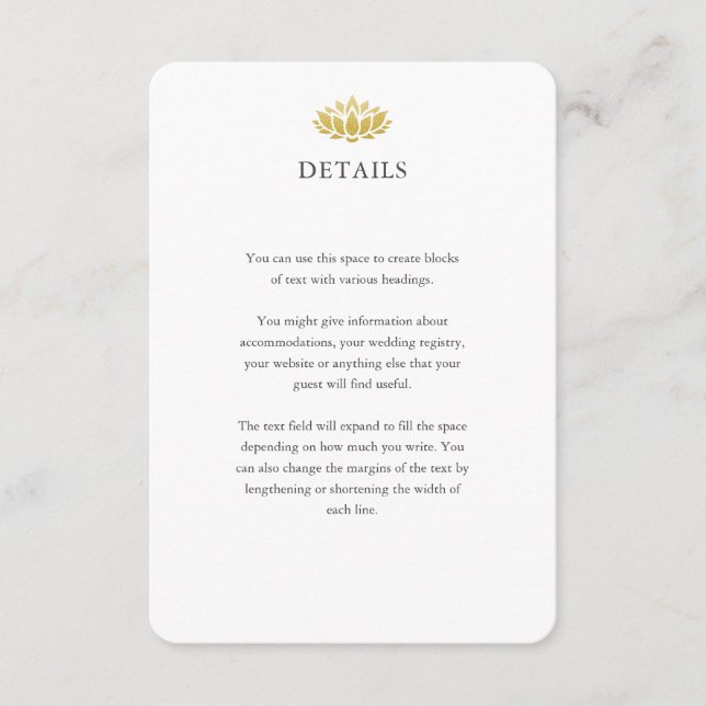 Information om elegant Guld Lotus Flower Bröllop Tilläggskort (Framsida)