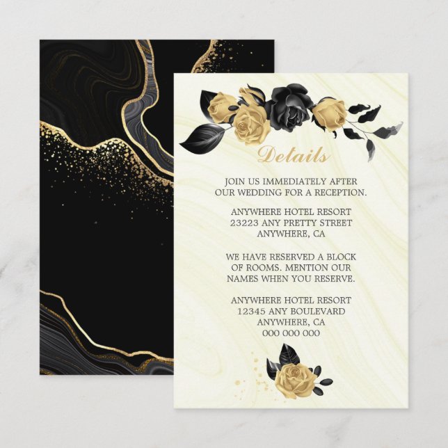 Information om elegant guld & svarta blommor & löv tilläggskort (Fram/baksida)