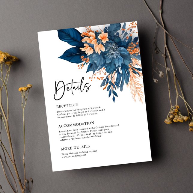 Information om elegant Indigo Rust Blommigt Bröllo Tilläggskort (Elegant Indigo Rust Floral Wedding Details Enclosure Card)