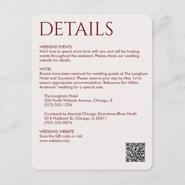 Information om elegant Modern Crimson Red Bröllop Tilläggskort (Framsida)