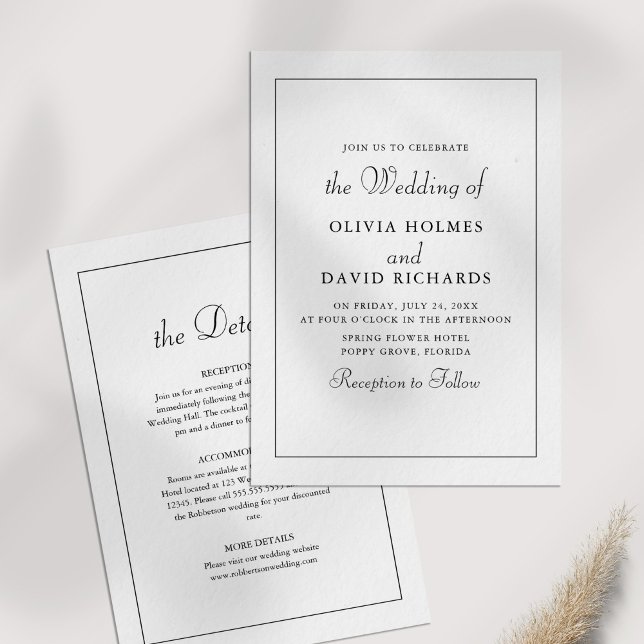 Information om elegant Modern Minimalist Bröllop Inbjudningar (Elegant Modern Minimalist Wedding Details Invitation on a white table.)