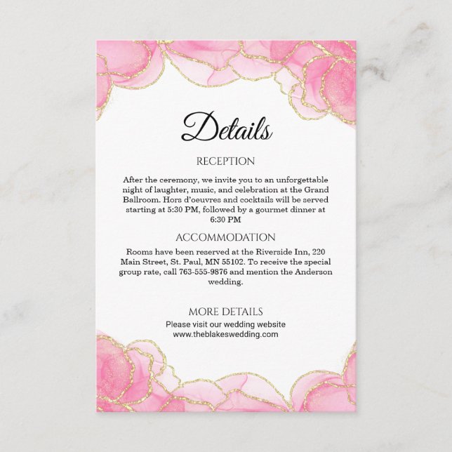 Information om elegant Modern Rosa och Guld Bröllo Tilläggskort (Framsida)