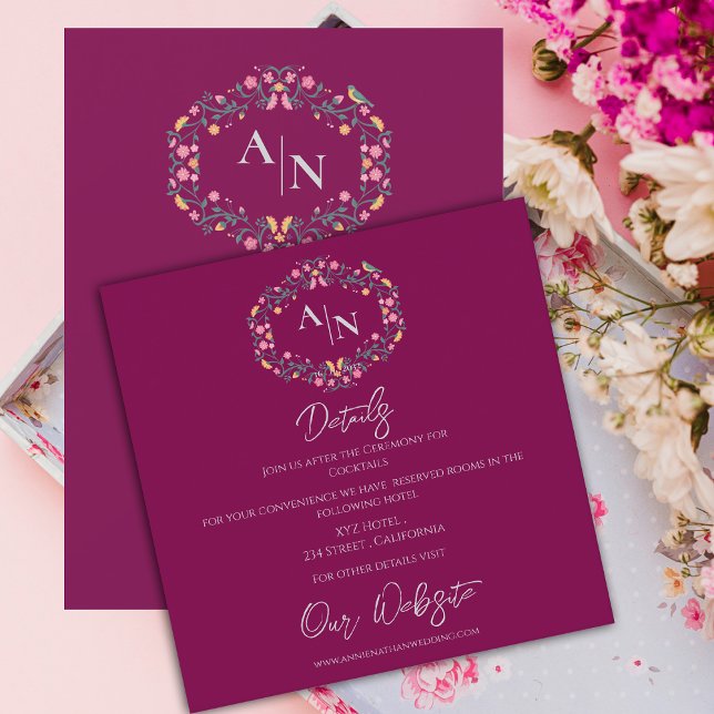 Information om elegant Monogram Blommigt Ram Bröll Tilläggskort (Elegant Monogram Floral Frame Wedding Details Enclosure Card)