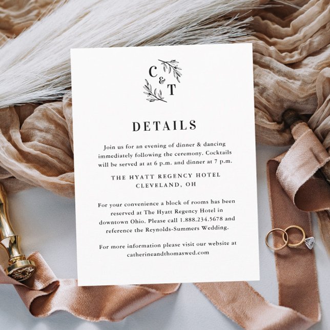 Information om elegant Monogram Greenery Löv Bröll Tilläggskort (Elegant Wedding Monogram Black and White Wedding Invitation Details Enclosure Card.)