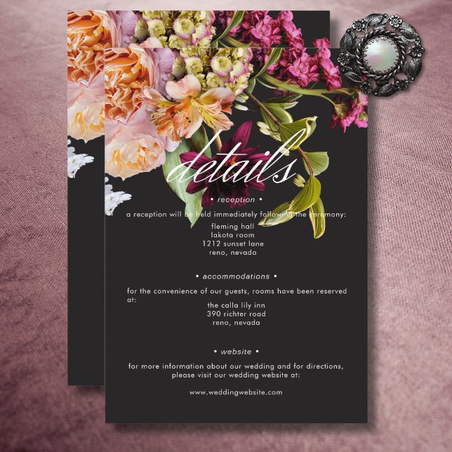 Information om elegant Moody Burgundy & Rosa Blomm Tilläggskort (Elegant Moody Burgundy & Pink Floral Details Enclosure Card)