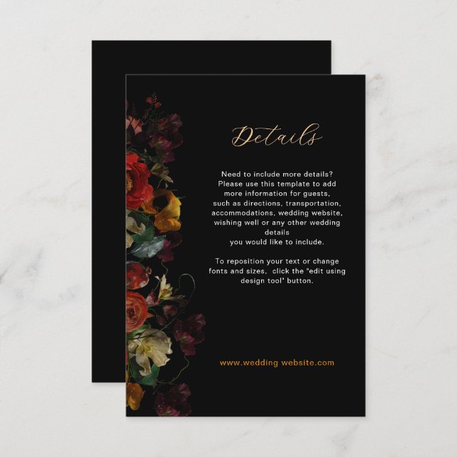 Information om elegant mörk moody blommor bröllop tilläggskort (Fram/baksida)