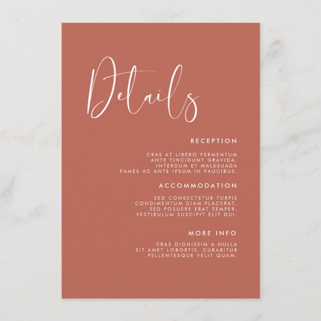 Information om elegant och modernt Red clay bröllo Tilläggskort (Framsida)