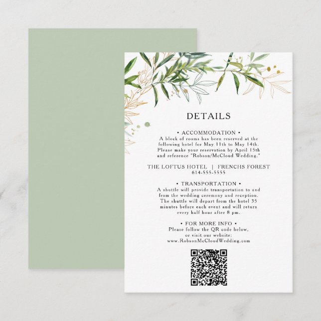 Information om elegant Olive Greenery QR-kod Tilläggskort (Fram/baksida)