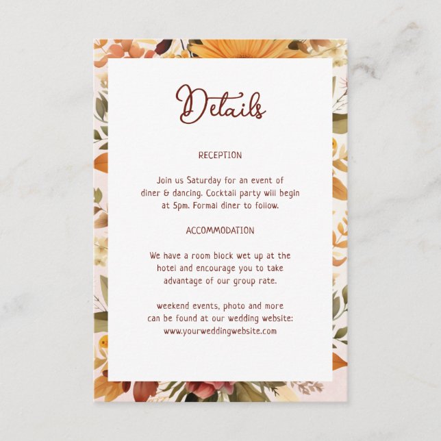 Information om elegant Orange blomma Ram Bröllop Tilläggskort (Framsida)