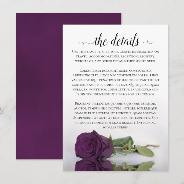 Information om elegant Plum Lila Romantic Ro Bröll Tilläggskort (Fram/baksida)