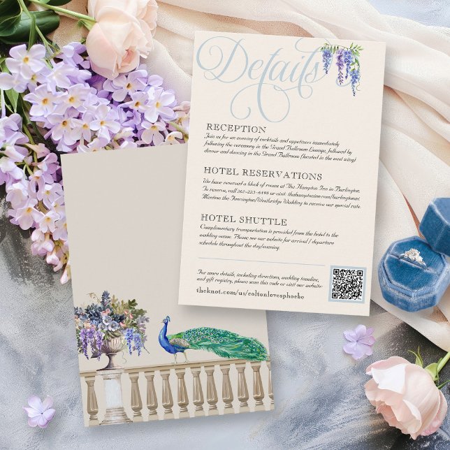Information om elegant ReEmergency Peacock Garden  Tilläggskort (Dusty cream Regency era English French Garden wisteria floral peacock Bridgerton Wedding details)