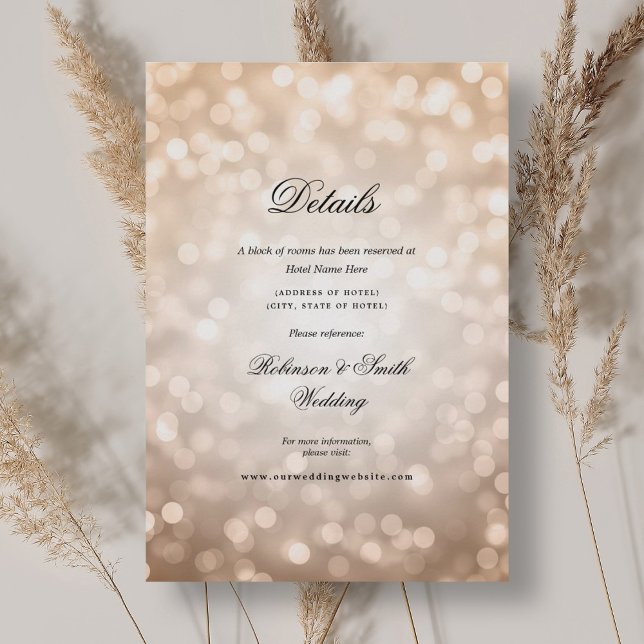 Information om elegant Ro Guld Bokeh Ljus Bröllop Tilläggskort (Elegant Rose Gold Bokeh Lights Wedding Details Enclosure Card)