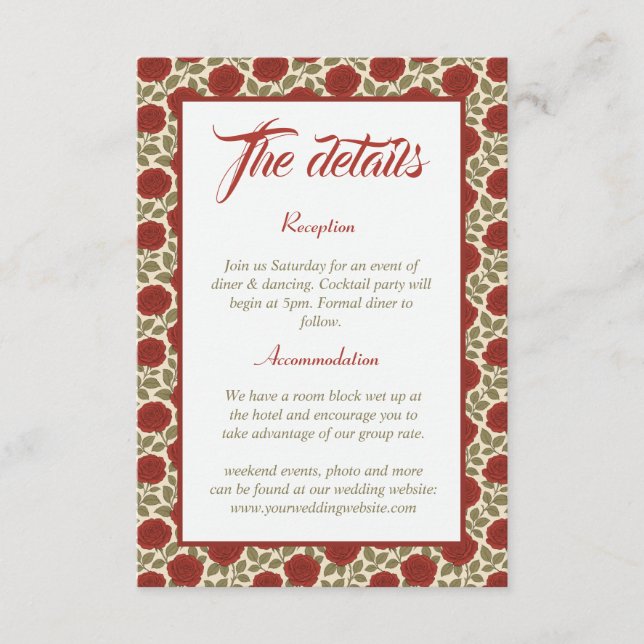 Information om elegant Röd ros Blommigt Bröllop Tilläggskort (Framsida)