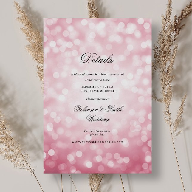 Information om elegant  Rosa Bokeh Ljus Bröllop Tilläggskort (Elegant Blush Pink Bokeh Lights Wedding Details Enclosure Card)