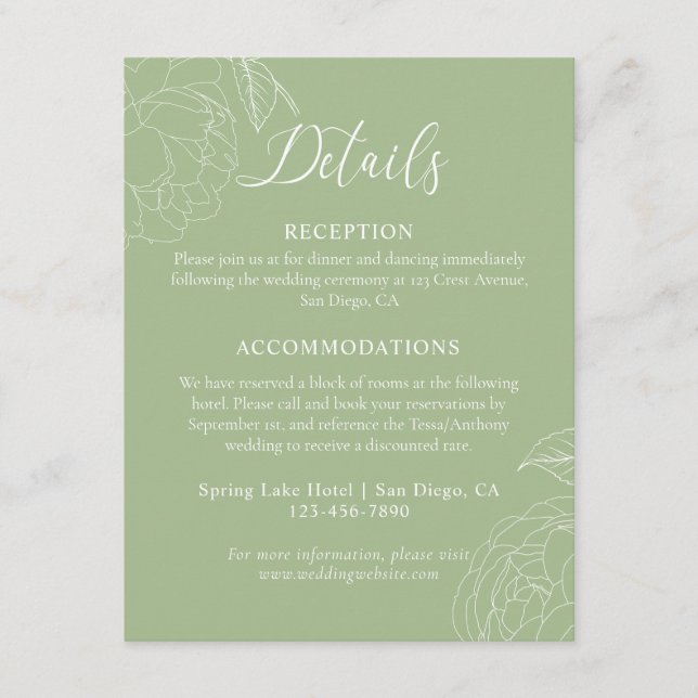 Information om elegant Sage Grönt Blommigt Bröllop Tilläggskort (Framsida)