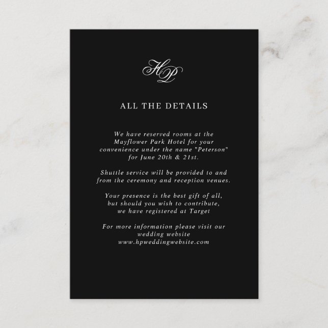 Information om elegant Script Monogram Black Bröll Tilläggskort (Framsida)