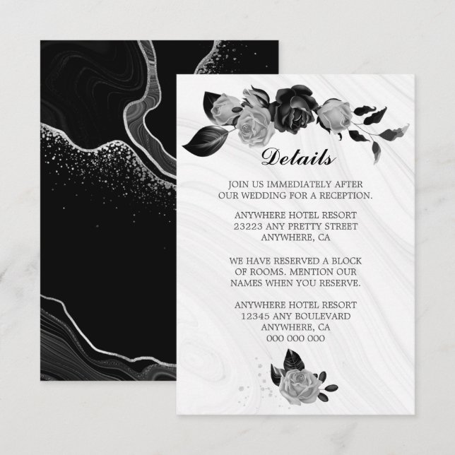 Information om elegant silver & svarta blommor & l tilläggskort (Fram/baksida)