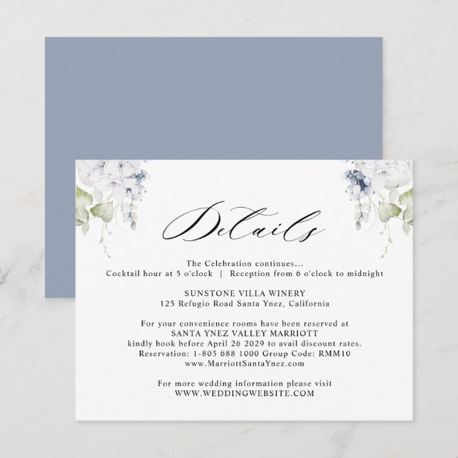 Information om elegant Vit, Dusty Blue Blommigt Br Tilläggskort (Fram/baksida)