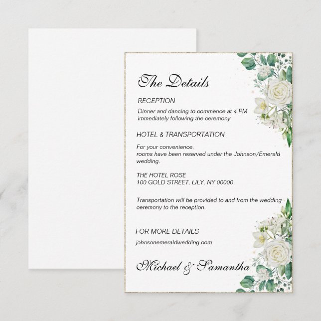 Information om elegant Vit ros och Lilies Bröllop Tilläggskort (Fram/baksida)