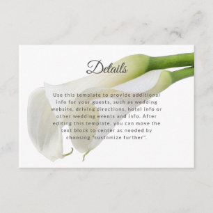 Information om elegant White Calla Lilies Bröllop Tilläggskort