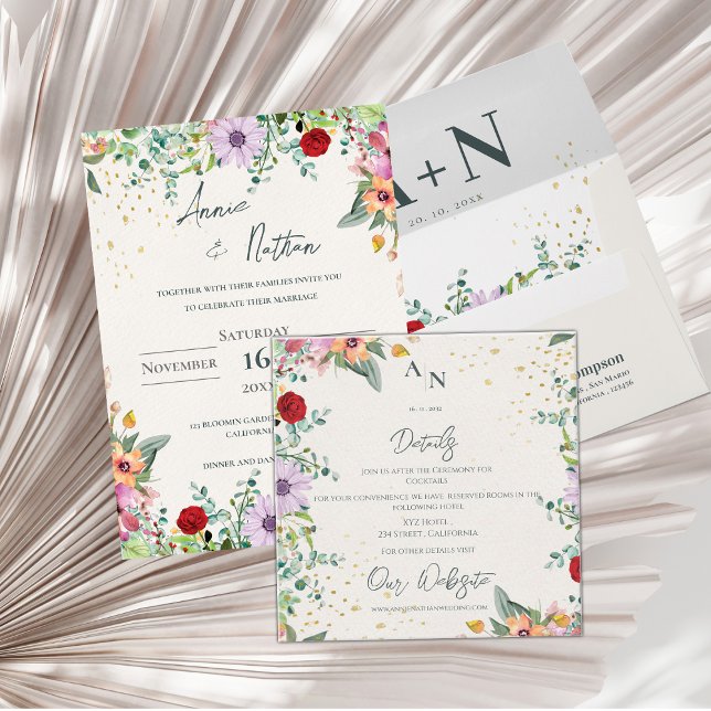 Information om elegant Wildblomma Monogram Blommig Tilläggskort (Elegant Wildflower Monogram Floral Wedding Details Enclosure Card)