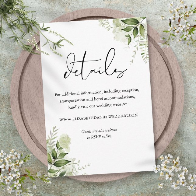 Information om Eleganten  i Greenery Blommigt Bröl Tilläggskort (Greenery Floral Elegant Script Wedding Details Enclosure Card)