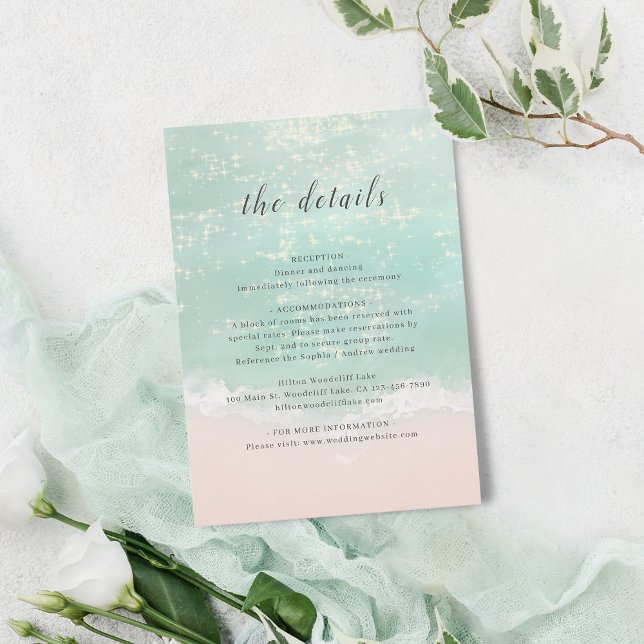 Information om elegantens mousserande havsstrandbr tilläggskort (Elegant sparkling ocean beach wedding details enclosure card)