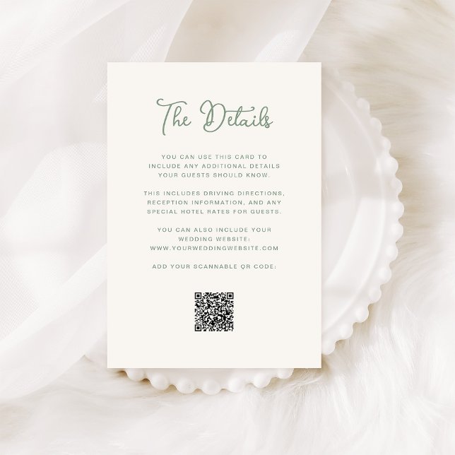 Information om Elfenbenskusten och Grönt Bröllop G Tilläggskort (An elegant, ivory cream wedding details card with sage green text and a QR code)