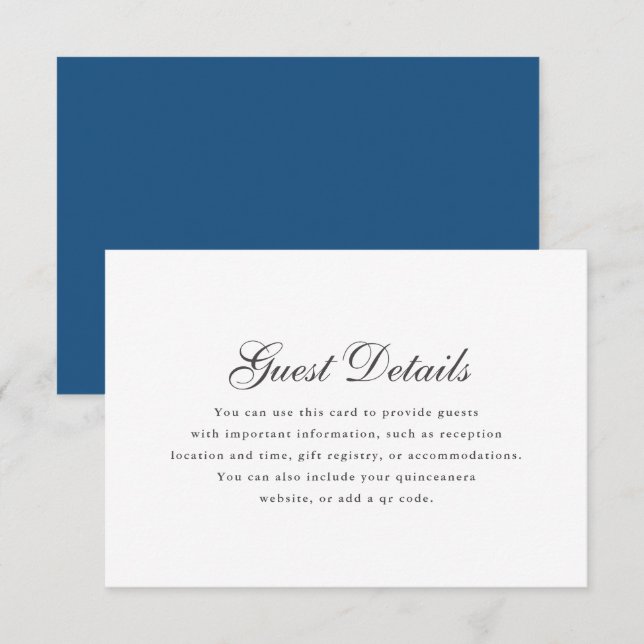 Information om enkel blå vit kalligrafi Quinceaner OSA Kort (Fram/baksida)
