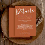 Information om enkel bränd Orange Terracotta Bröll Tilläggskort<br><div class="desc">Ett kort med uppgifter om djurutrymme för en elegant och en enkel minimalistisk boho orange bröllop. Den har en minimalistisk mall med bränd snyggt för orange. Och vit visemisk chic DETALIS-ordalydelse skriver ensam med anpassadets kalligrafi.</div>