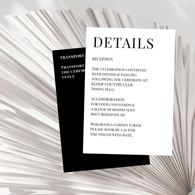 Information om enkel bröllop-elegant i svartvitt tilläggskort (Black and white elegant simple wedding card details enclosure card wedding invitation suite)