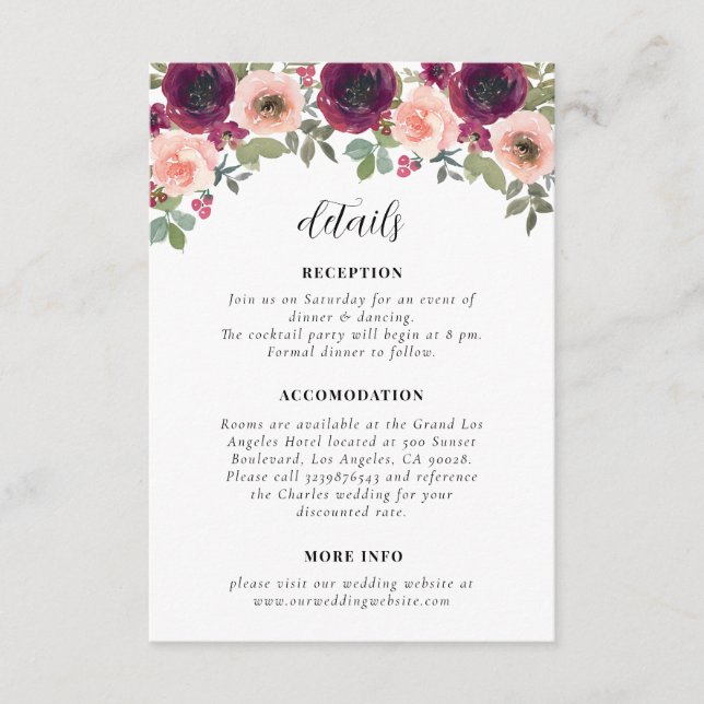 Information om enkel Burgundy Watercolor Blommigt  Tilläggskort (Framsida)