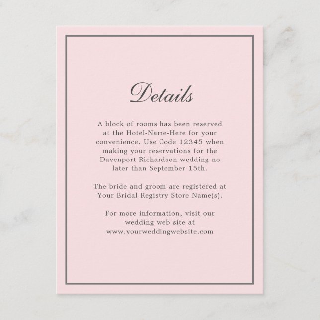 Information om enkel Elegant bröllop-info för  Ros Tilläggskort (Framsida)