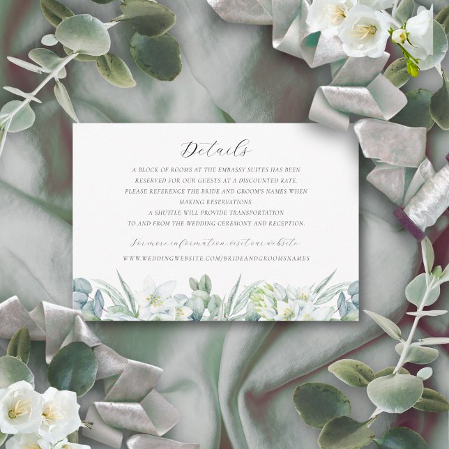 Information om Enkel Elegant Grey Bröllop Tilläggskort (Wedding details enclosure card with white flowers and greenery)
