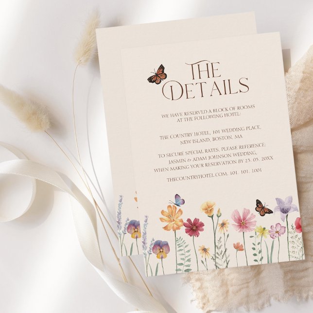 Information om enkel färgfull Wildblomma Blommigt  Tilläggskort (Simple Colorful Wildflower Floral Wedding The Details Card)